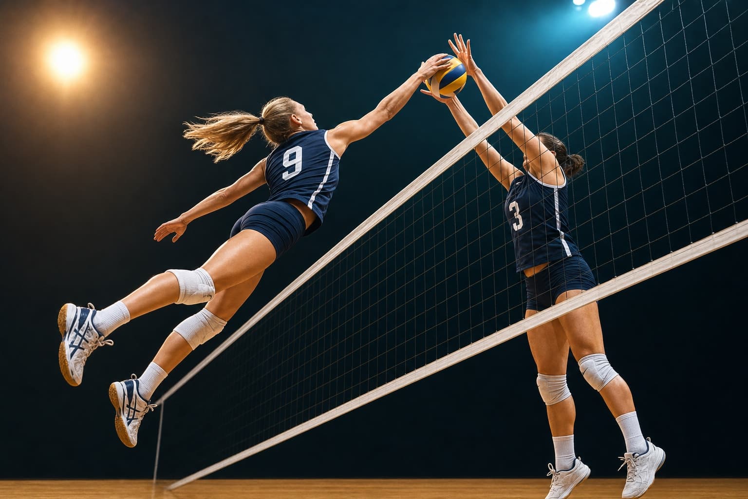 Net joust — spike meets block mid-air, ball frozen between their hands