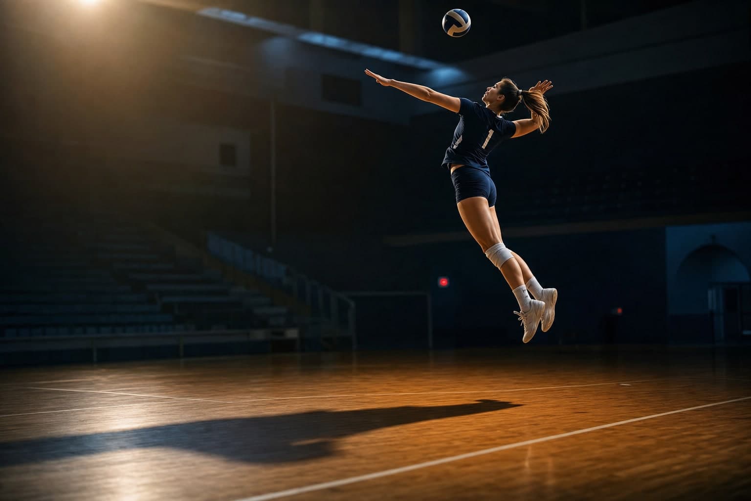 Jump serve — full extension, long shadow across the court floor